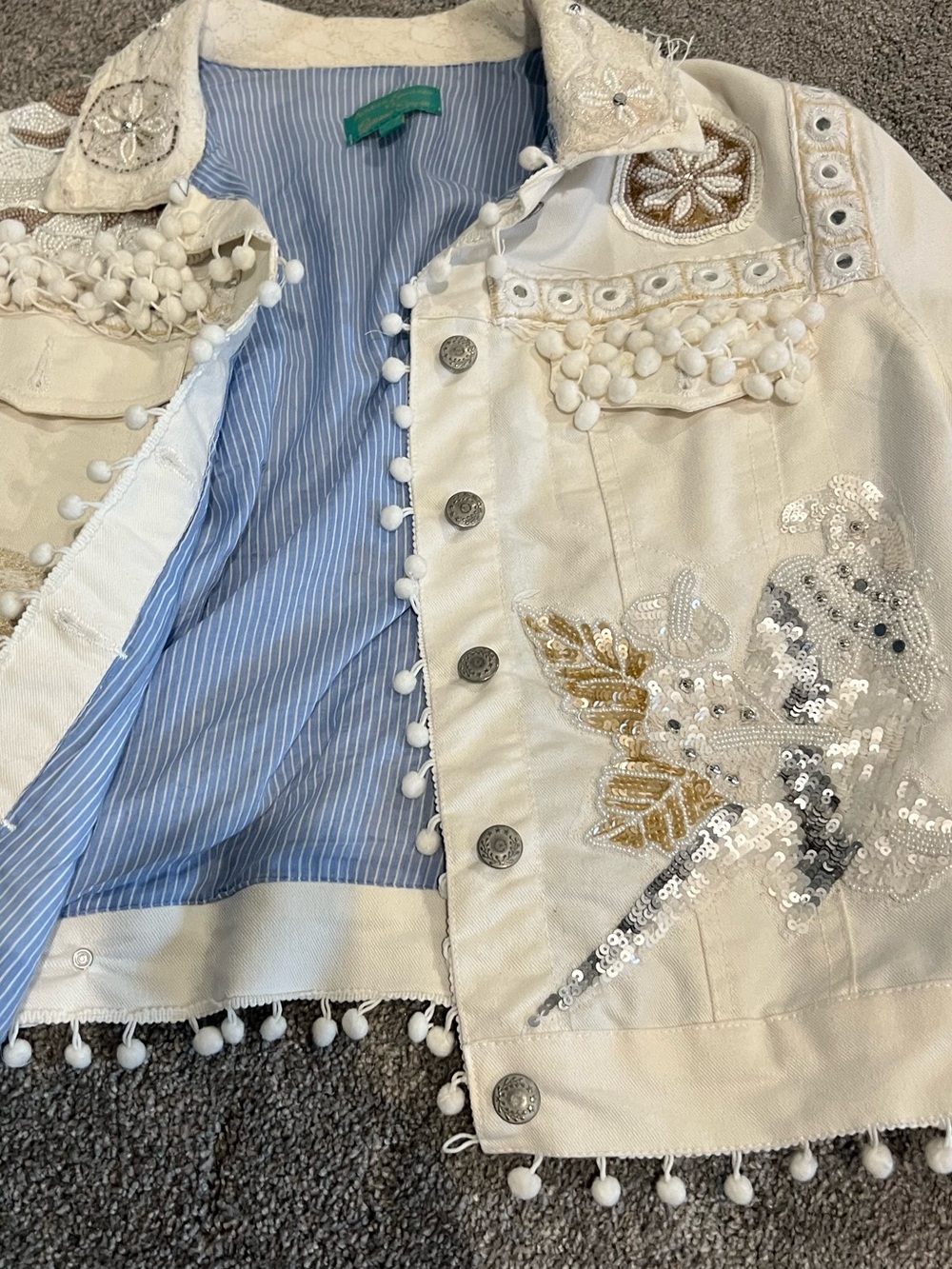 Antica Santoria Embellished White  Denim Jacket with Pom Pom Details - Picture 2 of 15
